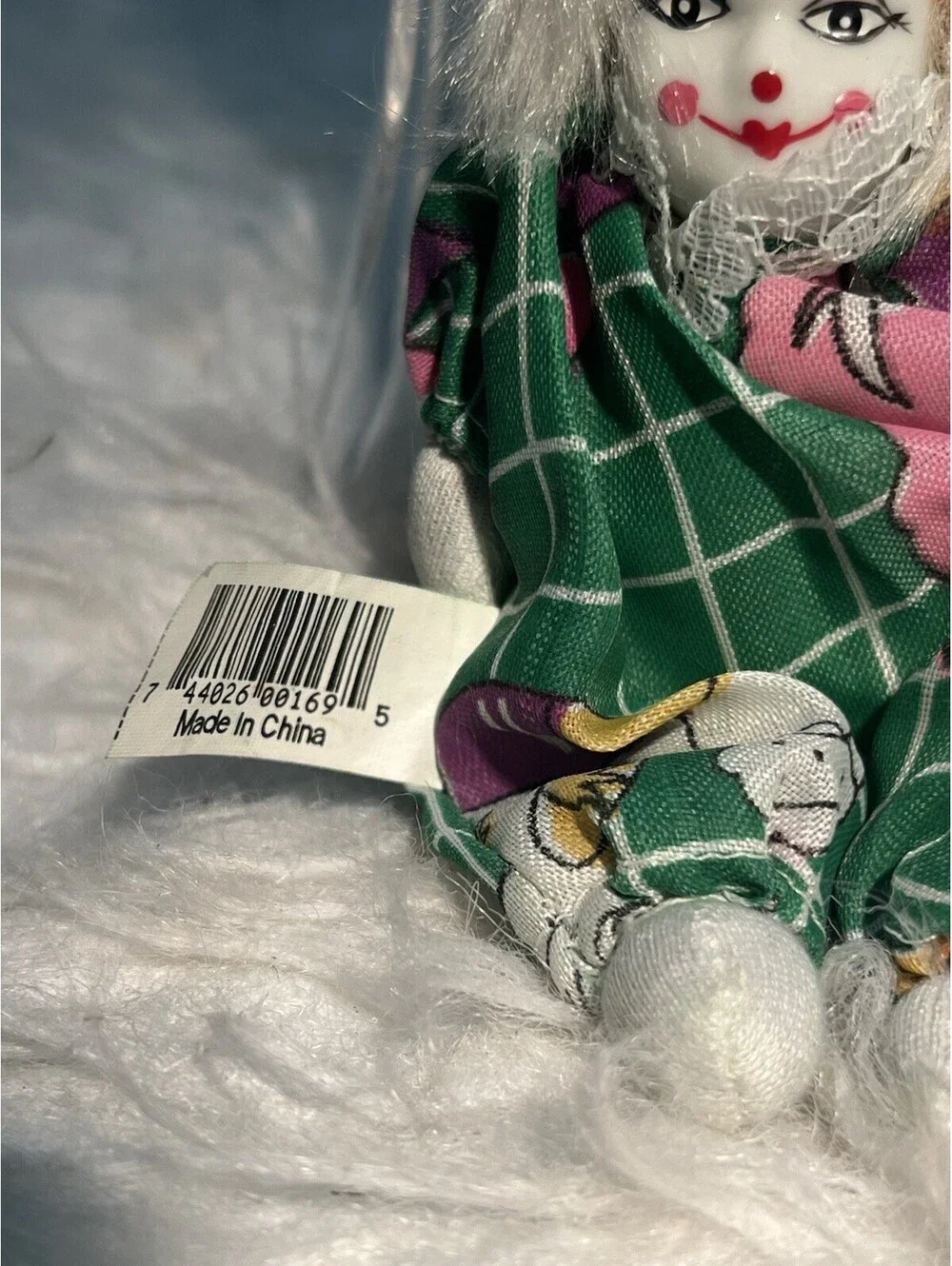 Vintage Porcelain Clown Dolls Sand Bag: Green Outfit & White Hair